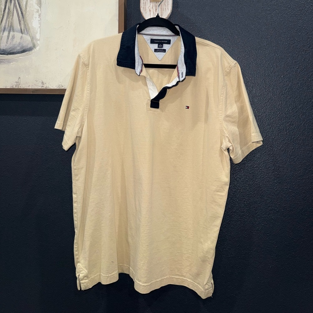 Tommy Hilfiger Men's Tan Polo with Navy Collar